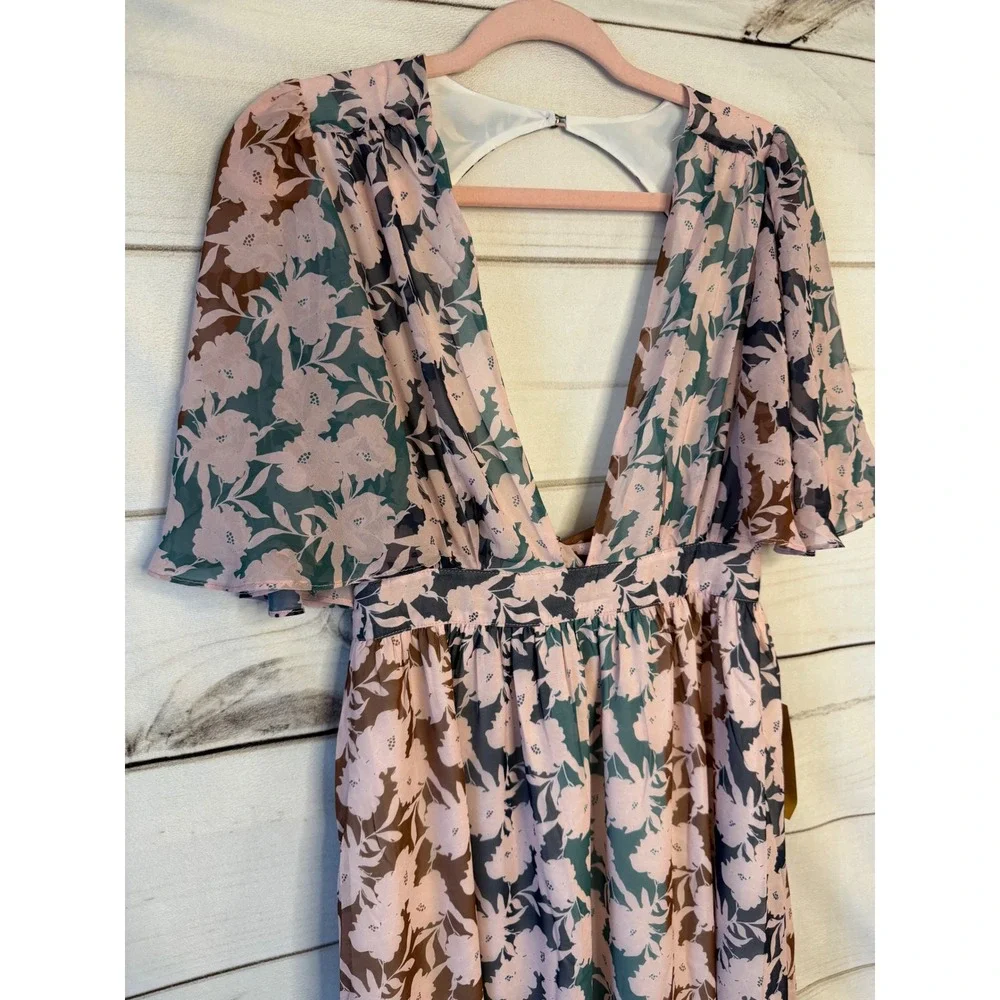 O.P.T. Floral Maxi Dress Pink Teal Deep V-Neck Cutout Back Flutter Sleeve Size M
